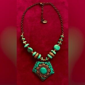 Tanjore turquoise and brass mosaic pendant necklace 10”